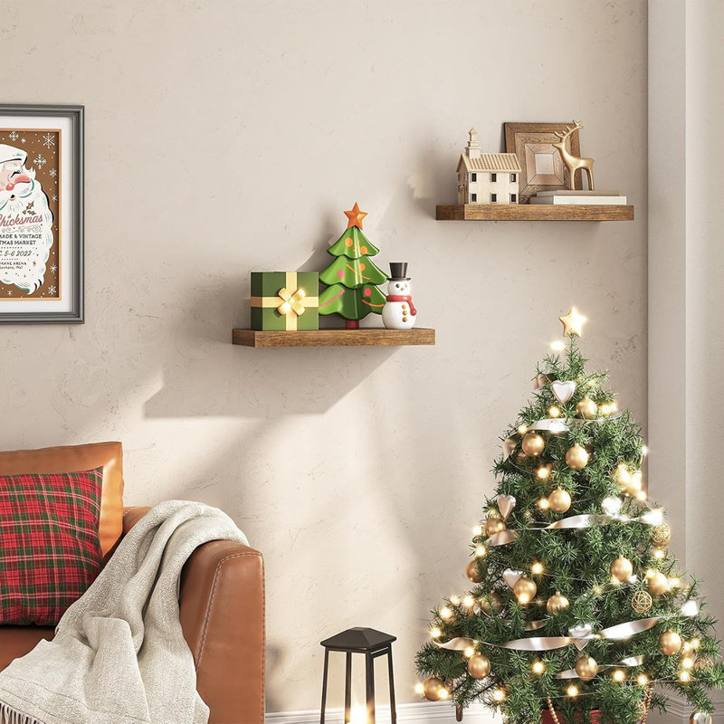 Floating Wall Shelves Set Of 2, 15.7" Rustic Wood Shelves With Hidden Brackets