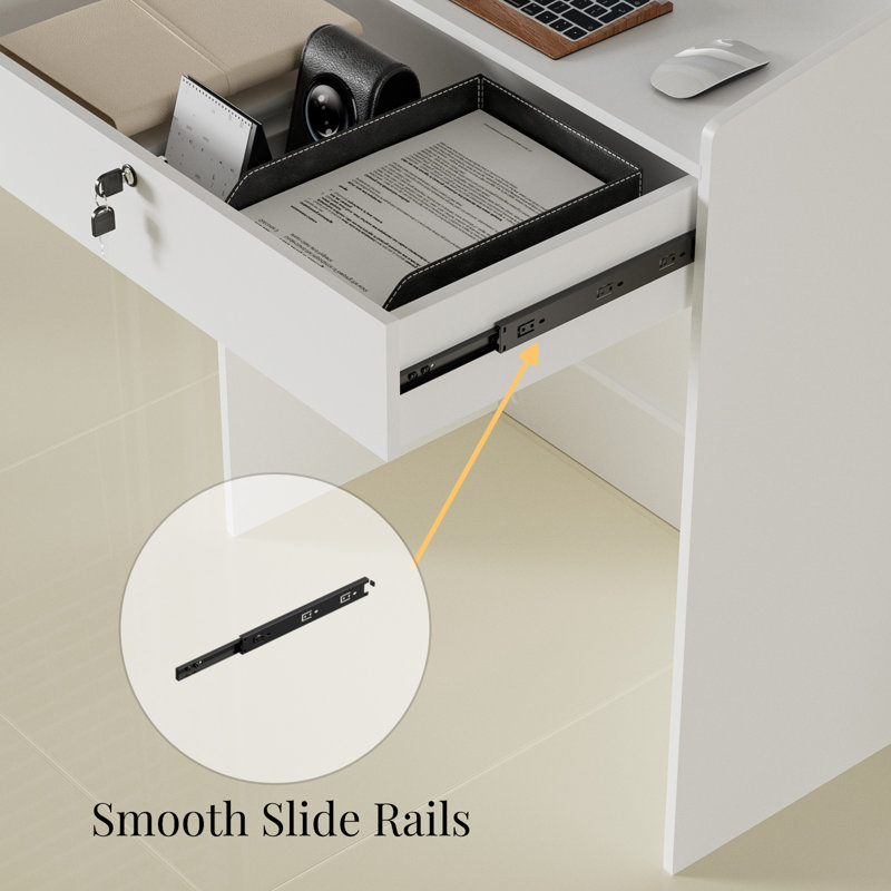 Compact Modern Reception Desk With Lockable Drawer, White
