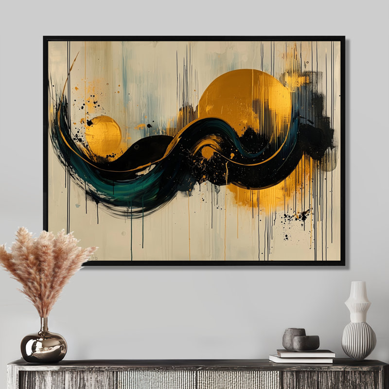 «Gold», lecture optique en spirale V - art mural Constructivism, Noir, Cadre flottant, H 16 po x l 32 po