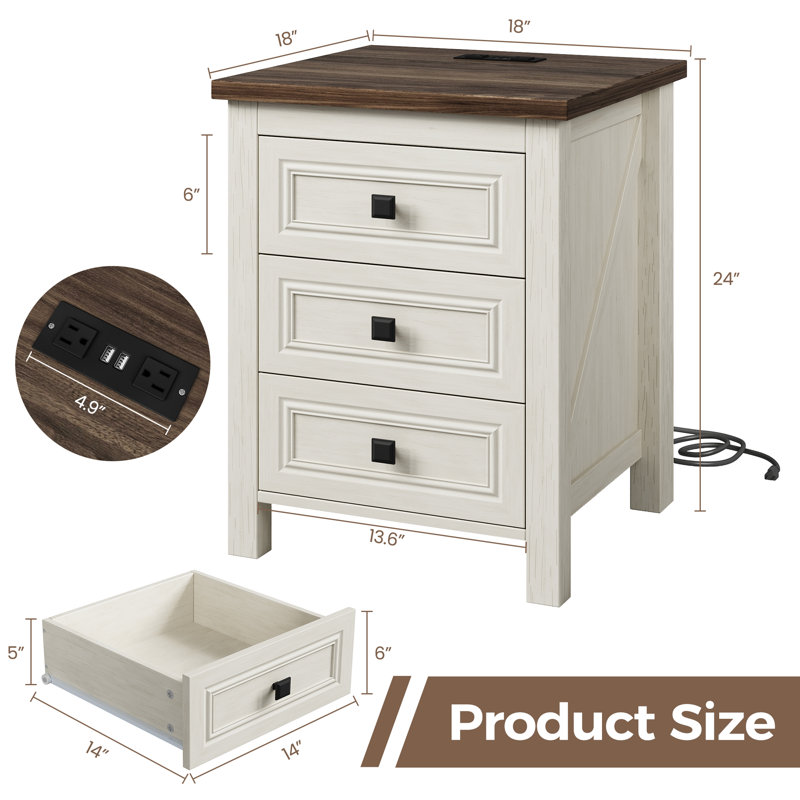 Valera 18"W Nightstand with Charging Station and Outlets, Farmhouse End Table with 3 Drawers, Set of 2, White