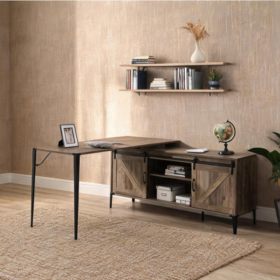 Bureau d'écriture en L noir et chêne élégant avec tablettes de rangement pour bureau personnel