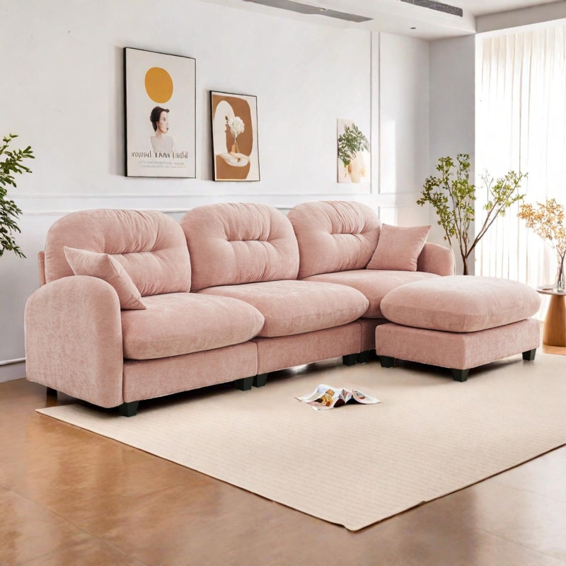 Canapé modulaire modulaire avec repose-pieds, revêtement en chenille, dossier capitonné, conception ergonomique, assemblage facile