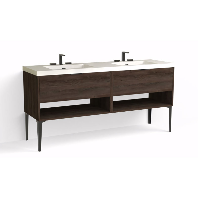Modo 72" W Freestanding Double Bathroom Vanity with Dean Leg, Glossy White/8" Widespread, Charred, Matte Black
