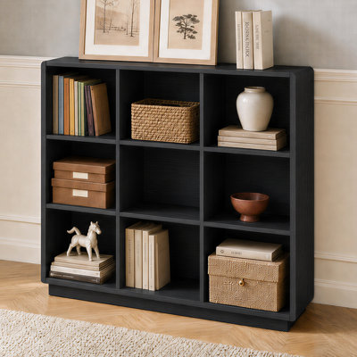 Bibliothèque Abrianna de style ferme moderne, 3 niveaux, 9 cubes, 110 cm (43,3 po), coins arrondis et base renforcée.