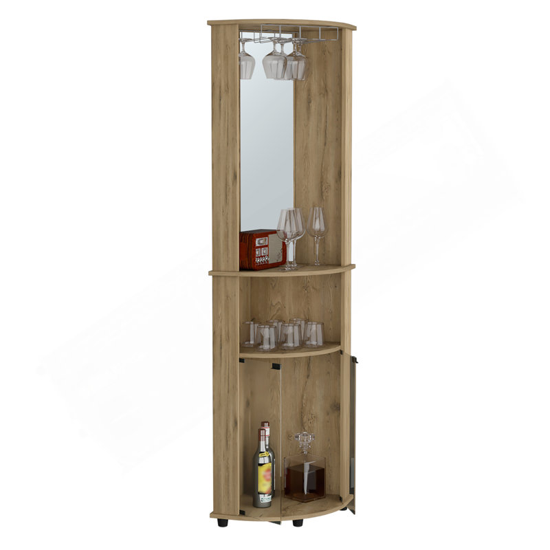 Armoire de bar en coin à miroir H 75 po Chicago, avec portes en verre, deux tablettes et verres à pied, Beige