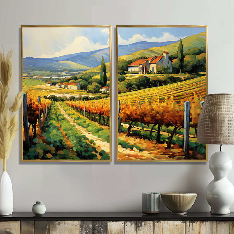«Vangogh Sunlit Vineyard II» - art mural traditionnel jaune 2 panneaux, 36" H x 48" W, Impression encadrée flottante, Gold
