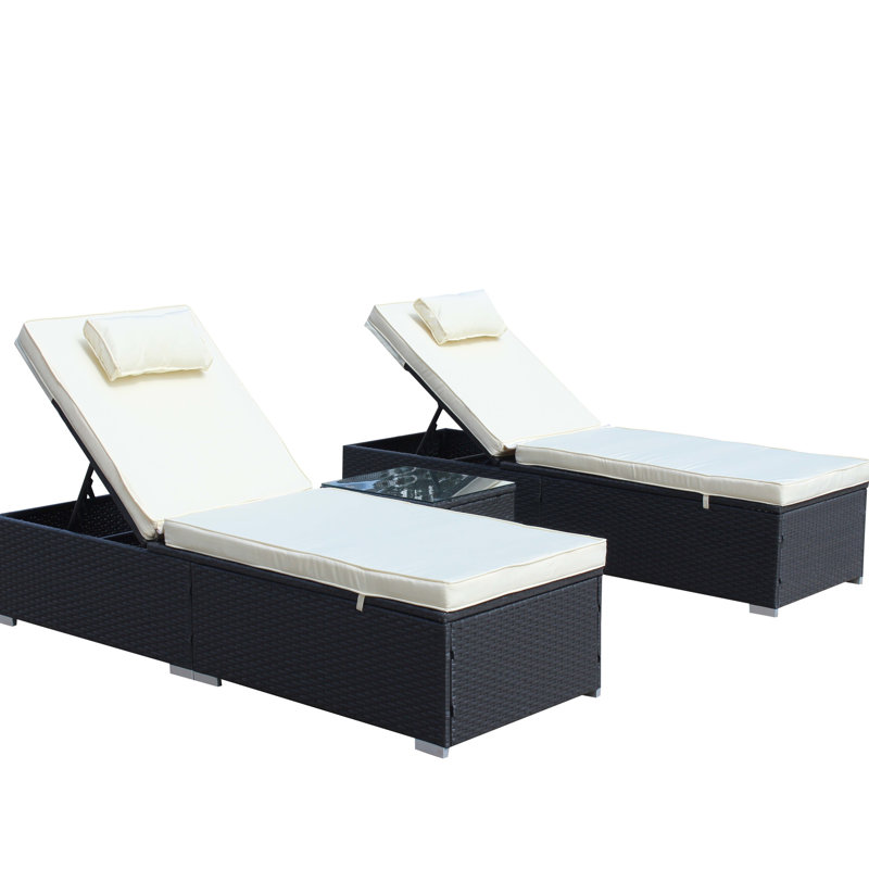 Outdoor Chaise Lounge : 3 With Chair, Cushioned Couch, And Glass Coffee Table. Adjustable Back Feet. Ideal For Pool Garden. Beige. To Water. Assembly Needed Patio Lounger Couch Pillow, For Garden