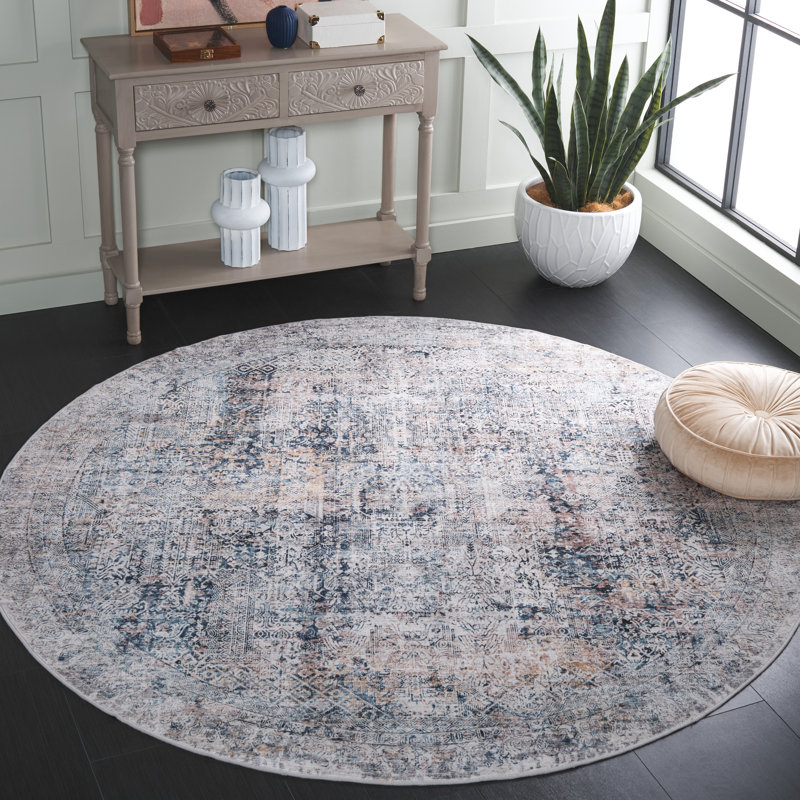 Tapis bleu marine / gris en polyester tissé à la machine Sotira, Rond 6 pi