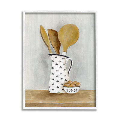 Nature morte aux ustensiles de cuisine et aux ustensiles, encadrée sur bois par Janet Tava, peinture