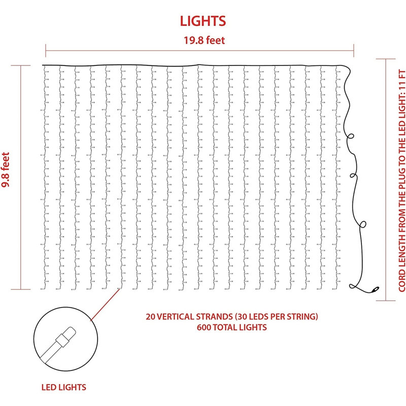 Jaliyiah ProductWorks Indoor/Outdoor 600 LED-Micro String Light Curtain with 8-Function Controller, 20ft x 10ft, White/Clear