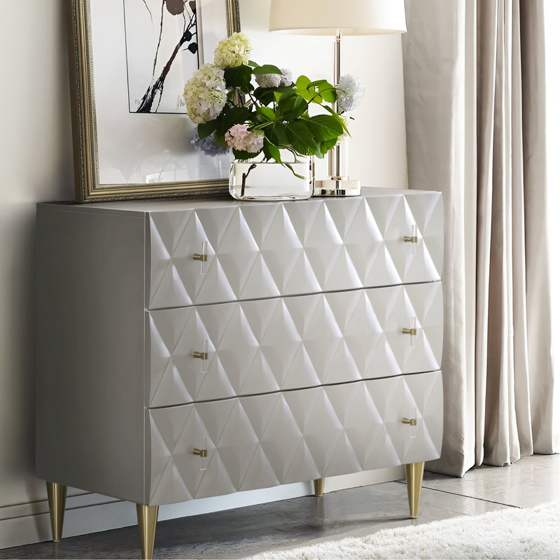 Console de style moderne 3 argent métallique et champagne - Armoire à tiroirs spacieuse pratique pour le salon