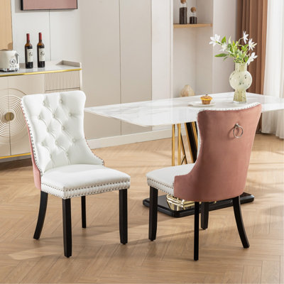 High-End Tufted Solid Wood Contemporary PU Upholstered Dining Chair With Wood Legs Nailhead Trim 2-Pcs Set PU