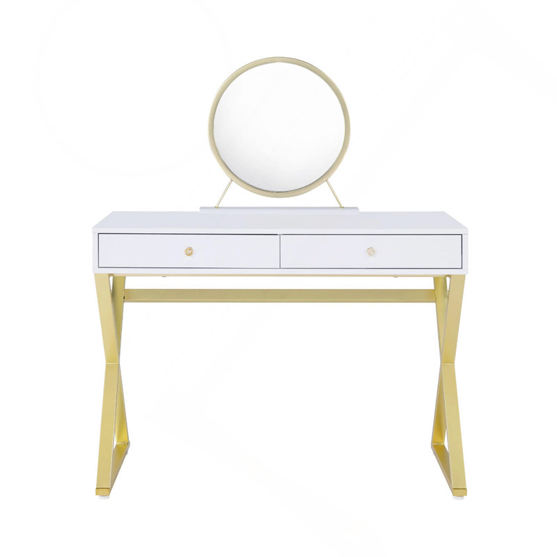 Bureau de coiffeuse rectangulaire avec miroir et plateau à bijoux, blanc et doré