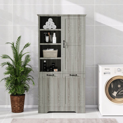 68" H Bathroom Storage Cabinet With Doors And Drawers, Tilt-Out Laundry Hamper, Open Shelve, Adjustable Shelf