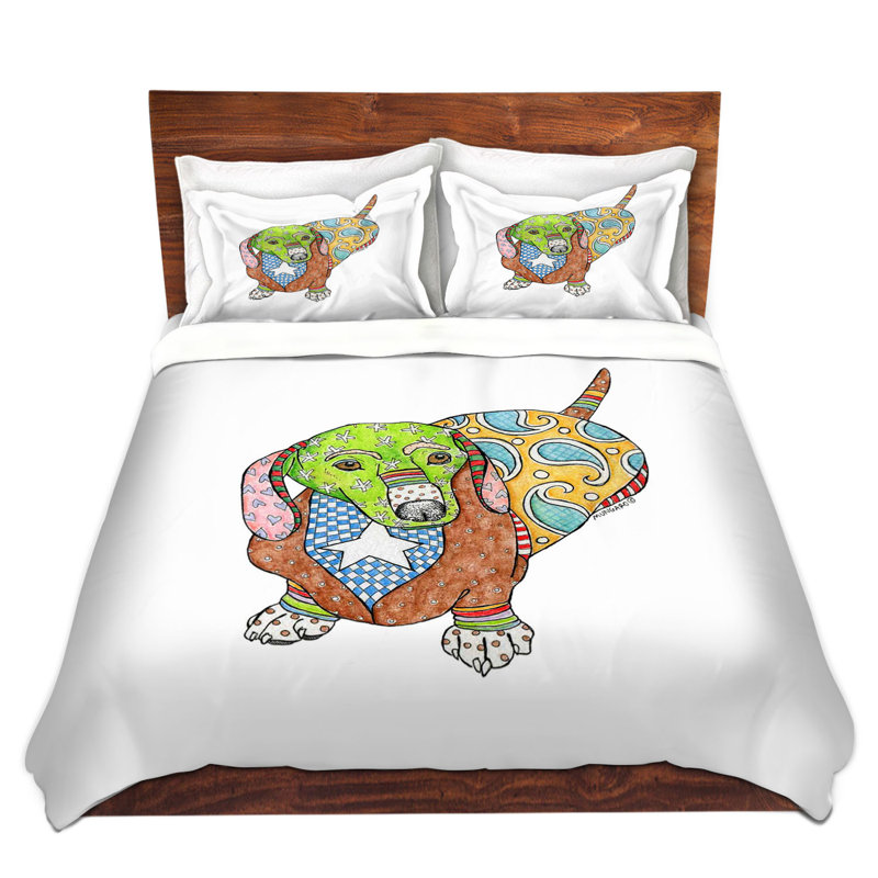 Ensemble de housse de couette teckel dog, 1 housse de couette grand + 2 taies standards, Rouge / mauve / brun