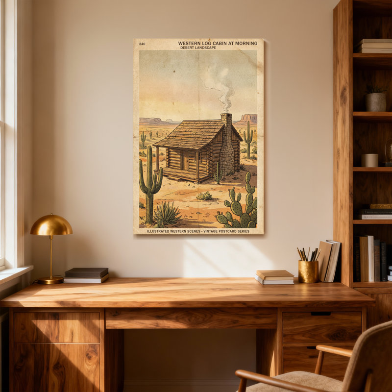 Fashion Western Log Cabin At Morning Desert Landscape, H 18 po x l 12 po