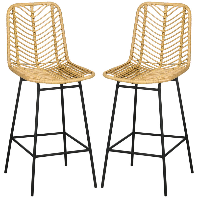 Ensemble de 2 tabourets de bar à hauteur de comptoir en rotin, siège et dossier en osier de 26 po, tabourets d'îlot de cuisine de style bohème, jaune | Idée cadeau