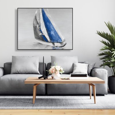 Gray and Blue Boat Sailing - Coastal Framed Canvas Decor