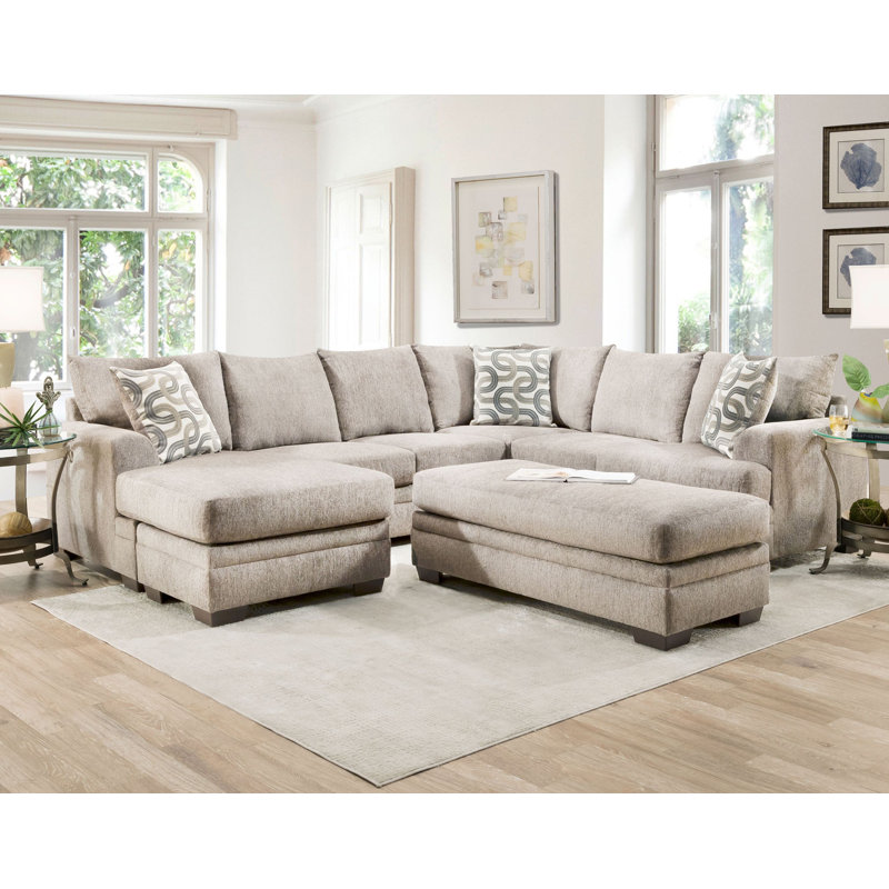 Torleif Chaise Sectional with Ottoman, Left Arm Facing, Cream Polyester