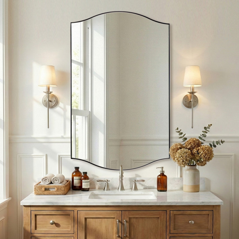 Dual Arch Scalloped Rectangular Bathroom Wall Mirror | Stainless Steel Frame, 48" x 30", Polished Chrome