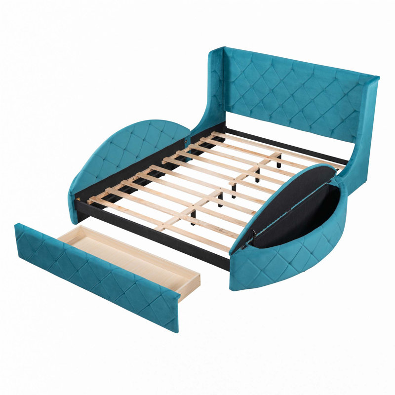 Lit en velours avec tiroir et tabouret de rangement latéral, Bleu