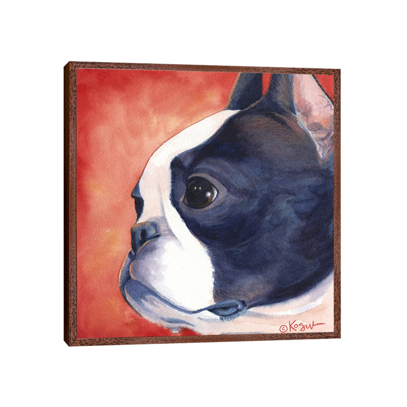Bandit Boston Terrier by Teresa Kogut - Painting on Canvas, Classic Brown Wood Floater Framed