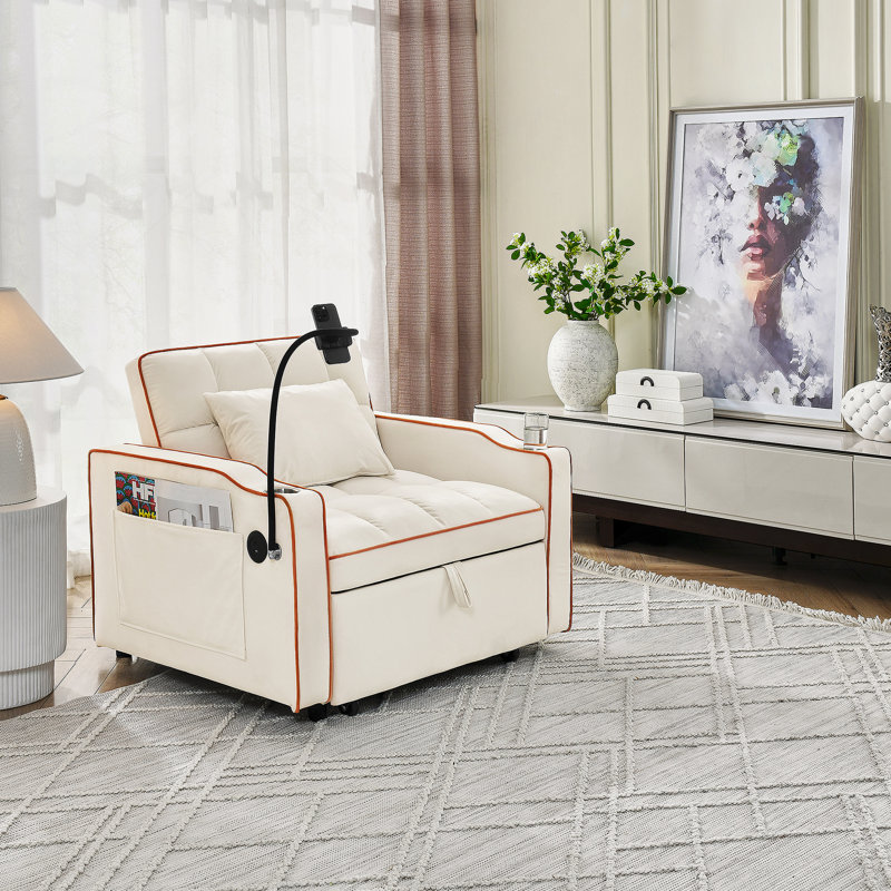 Canapé-lit convertible polyvalent avec multi-poches et ports USB pour divers espaces, Beige