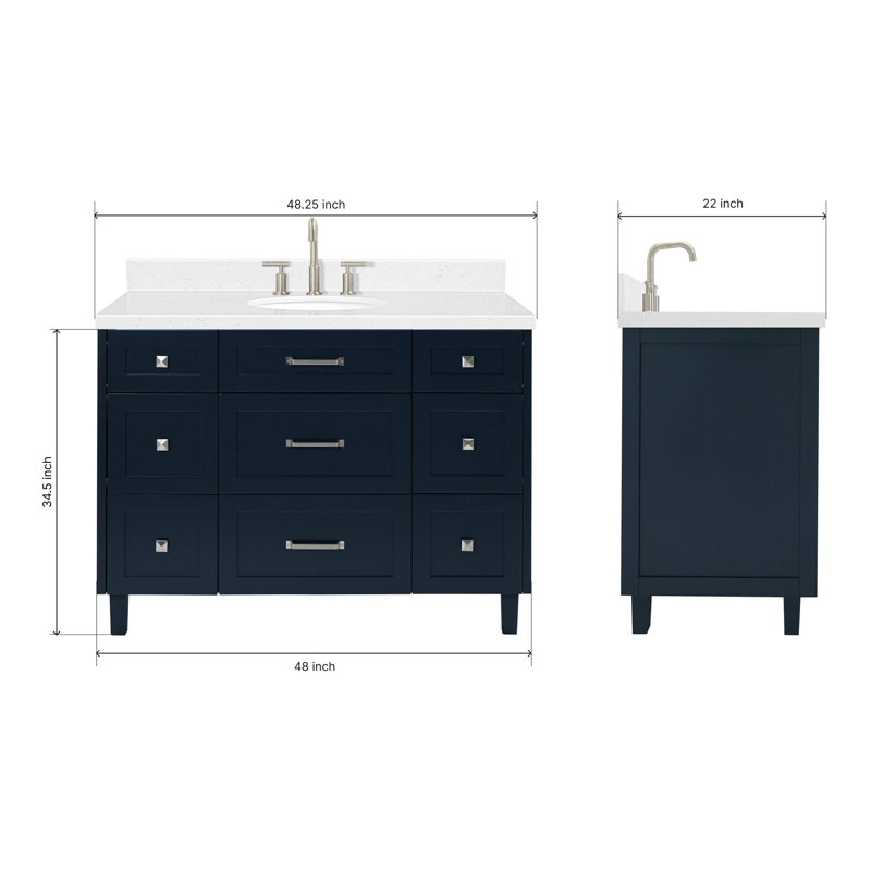 ARIEL Monroe 48 Single Sink Bathroom Vanity with Carrara Quartz Top, Midnight Blue