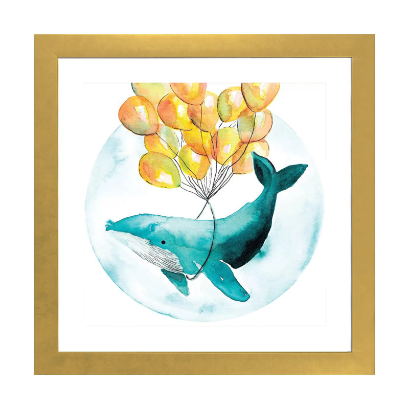 Baleine magique I - impression, Blanc, Papier encadré doré, H 24 po x l 24 po x p 1 po