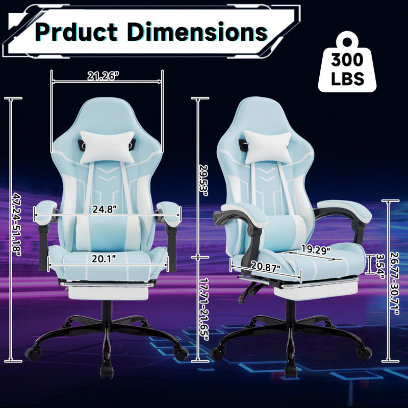 Fauteuil de jeu, fauteuil d'ordinateur, fauteuil ergonomique avec dossier lombaire, H 29,53 po, Fixe, Simili cuir, Bleu, Noir