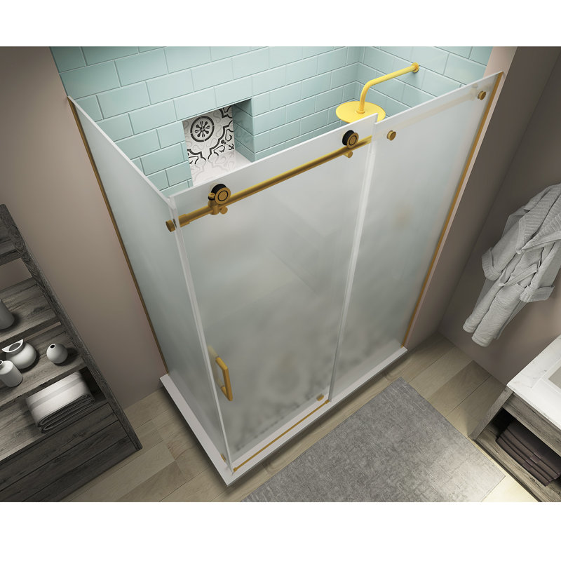 Coraline XL Brushed Gold Frameless Sliding Shower Enclosure with Frosted Glass