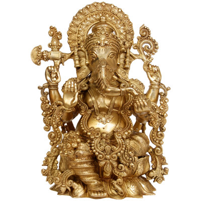 Statue de seigneur Ganesha fait à la main en accord avec Abhaya - Idole indienne de 16 pouces, finition or naturel, décor de bon augure pour autel, vestibule, adoration