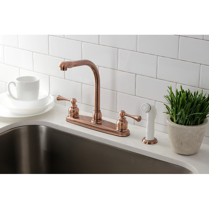 Kingston Brass Two-Handle 4-Hole 8" Centerset Kitchen Faucet with Side Sprayer, Antique Copper