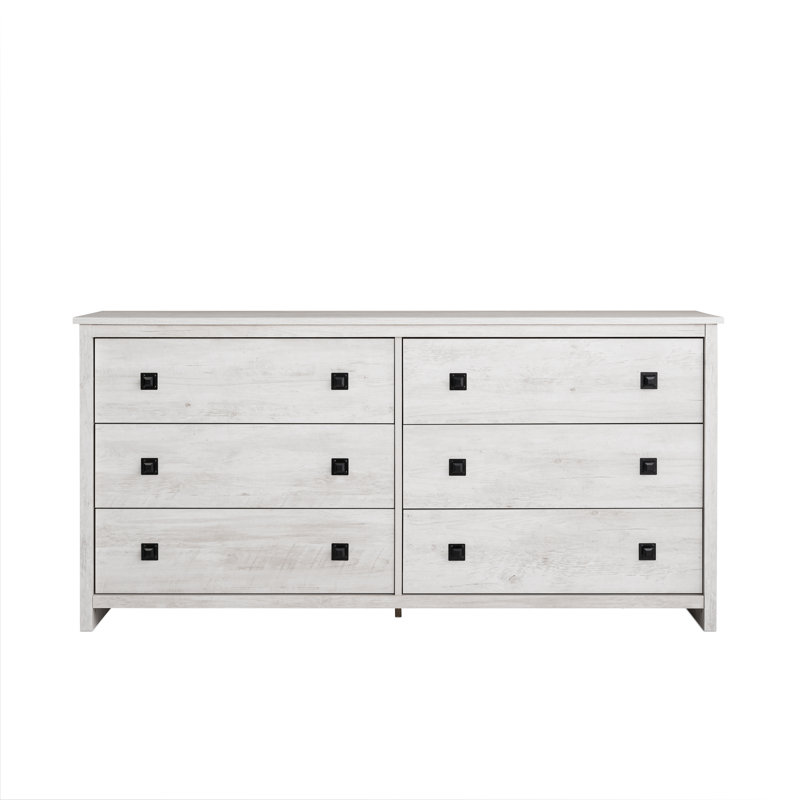 Washed White Farmhouse 6-Drawer Pine MDF Dresser
