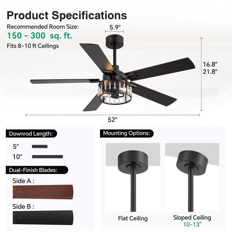 Ventilateur de plafond 52 po en cristal avec lumières et télécommande, moteur à courant continu réversible, ventilateur noir à 5 pales, 6 lumières, luminaire E26 à 2 lumières, ventilateur de lustre de style campagne moderne
