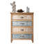 Commode vintage à 4 tiroirs en bois vieilli ornée de motifs décoratifs, meuble de rangement rustique pour chambre/salon