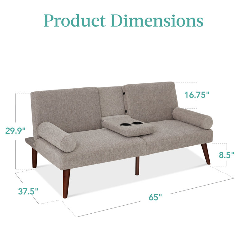 Isamu Fabric Upholstered Convertible Futon w/ Rounded Armrests, Wooden Legs, 2 Cupholders, Gray 100% Polyester