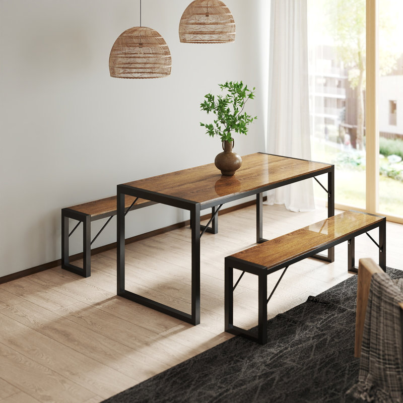 Ezzah Dining Set, Dining Table with Benches, Rétro/Noir, 28.7" H x 30" W x 48" D, 3 Pieces: Table, 2 Bench