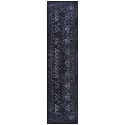 Tapis de couloir polyvalent, lavable, antidérapant, à poils courts et ne perdant pas ses poils pour la décoration intérieure - salle à manger antidérapante noire / grise de 2 pi 6 po x 10 pi