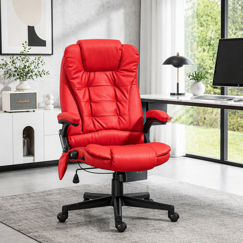 Fauteuil de bureau chauffant inclinable avec massage à 6 points, Polyuréthane, Rouge, Rouge