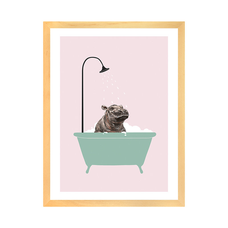 Hippopotame dans une baignoire, art encadré, H 32 po x l 24 po x P 1 po, Papier encadré naturel