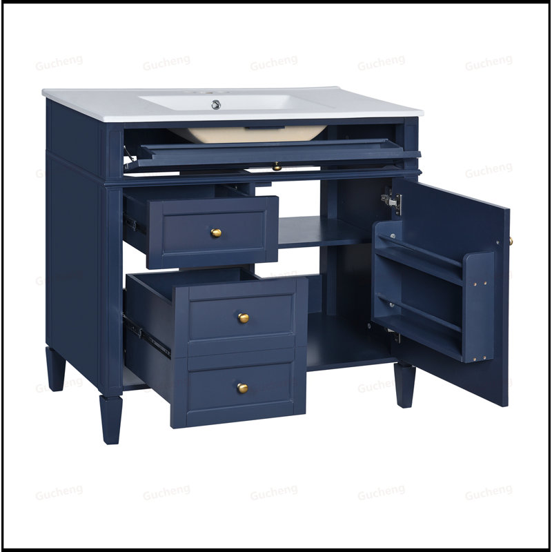 Meuble-lavabo à poignée dorée 36 po avec tiroir basculant et lavabo, Bleu très foncé