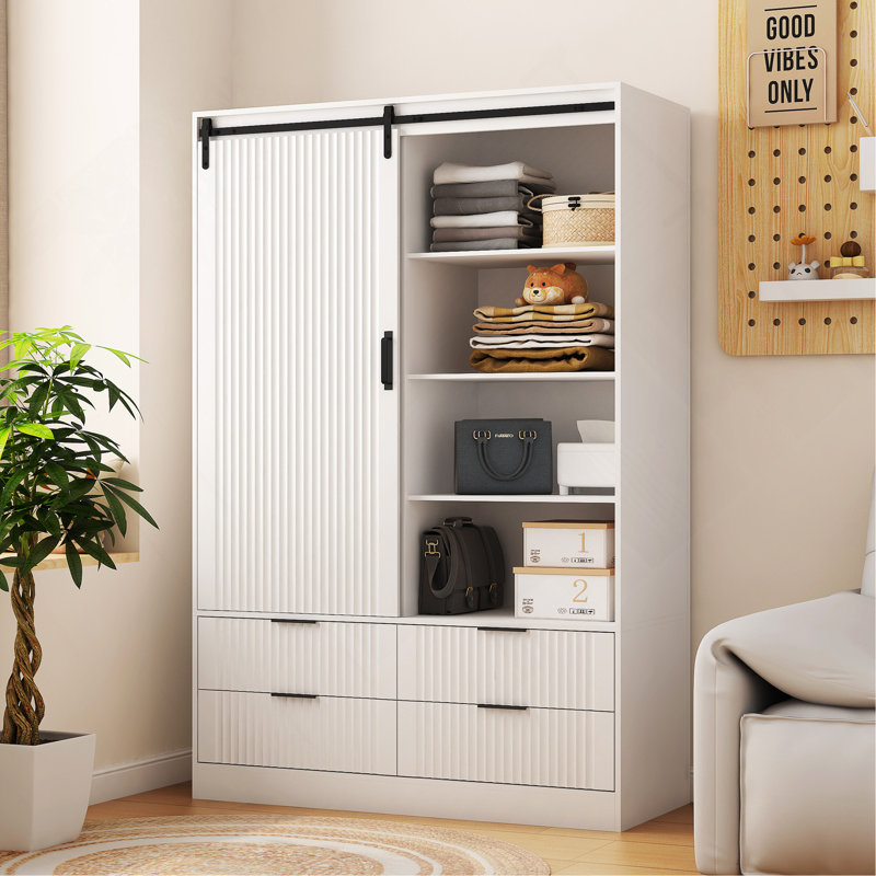 Armoire-penderie autoportante en bois avec 4 tiroirs, Blanc 1