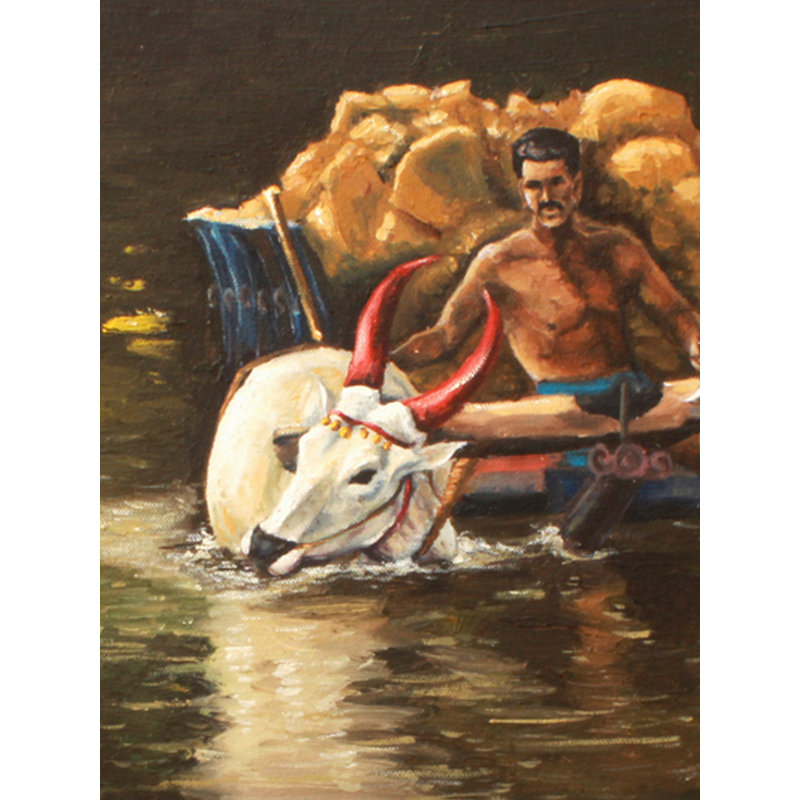 Chariot Bullock dans l'eau | Huile sur toile pour décoration murale | Par sri ram