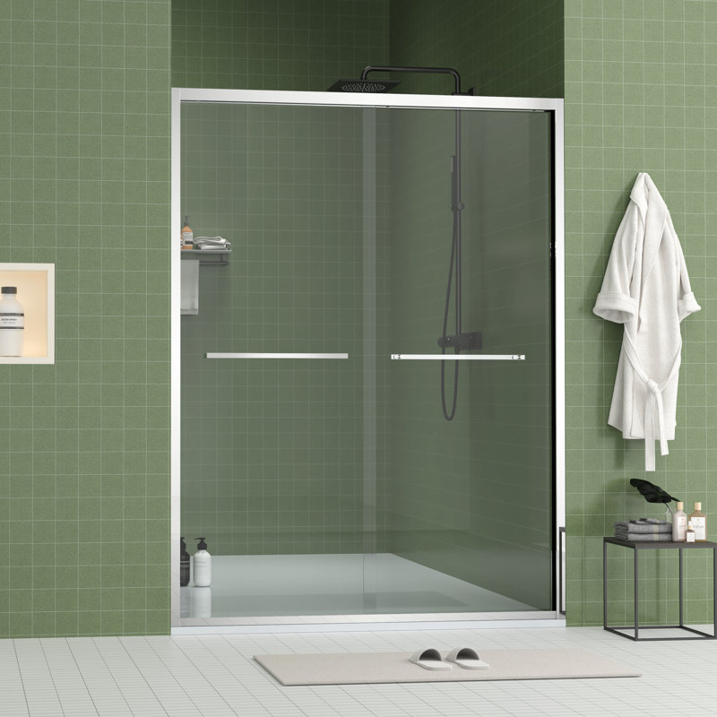 60" Wide And 70" High Aluminum Frame Bypass Bathroom Sliding Door With Double Handle As Towel Rail, - Crash Angle, Mute Rollers, Easy To Install 56 Adjustable Width 8Mm & Tempered Glass, Stainless