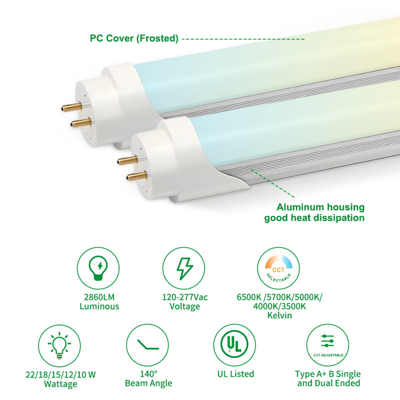 Ampoules T8 120-277v à DEL 4 pi, type A + b à brancher ou à ballast, lumières à tube givré avec puissance et CCT sélectionnables, simple / double, paquet de 30