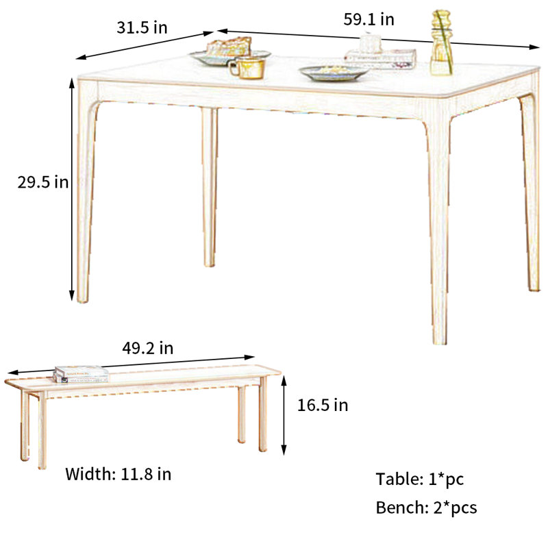 Beech Slate Dining Table Set, 29.5"H x 59.1"L x 31.5"W