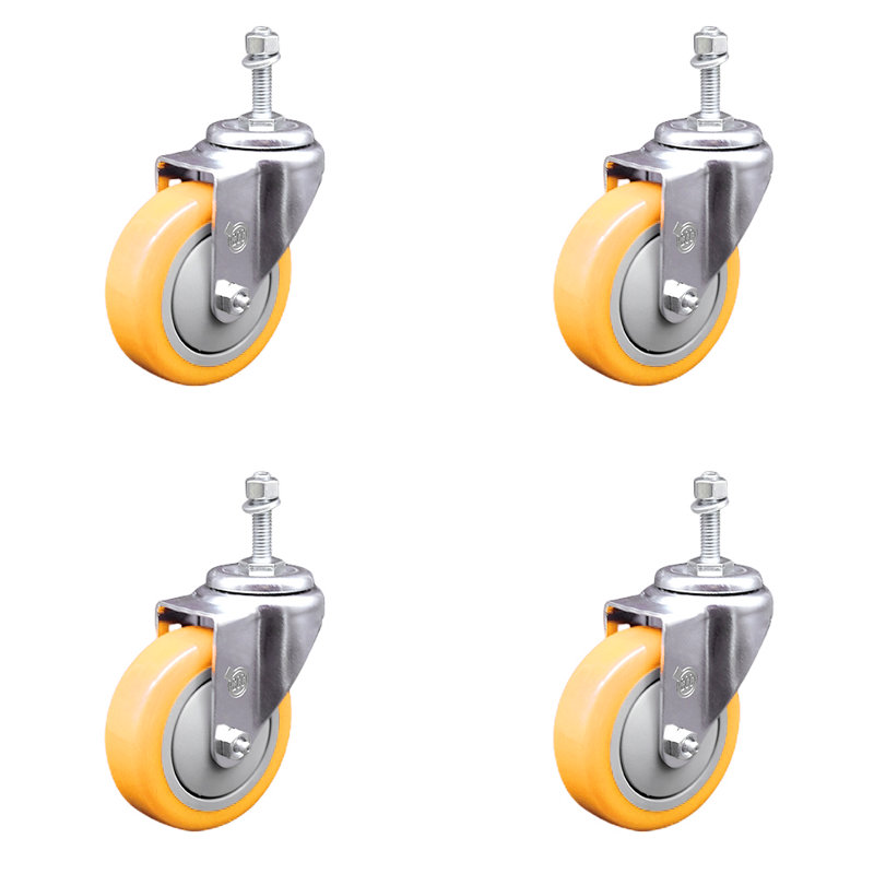 Ensemble de roulettes à tige filetée en polyuréthane pivotant de 4 po de 3/8 po SCC, Jaune
