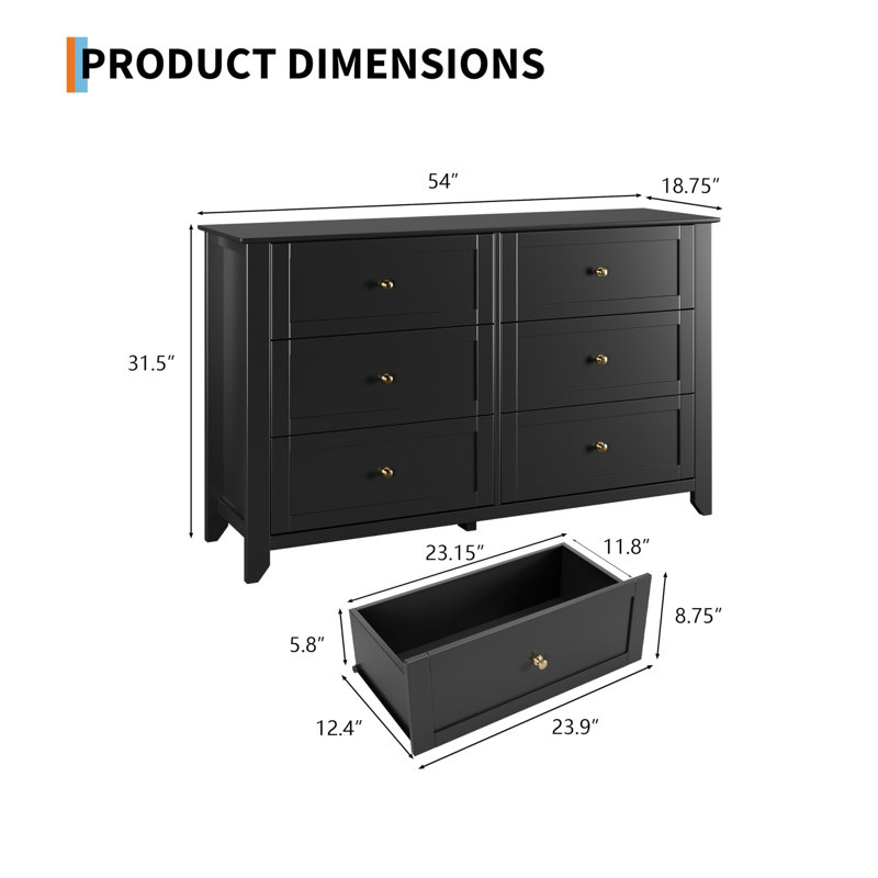 6 Drawers Dresser for Bedroom, 53.9" W Farmhouse Wood Dressers & Chest of Drawers for Clothes, Tall Storage Dressers Organizer with Deep Drawers for Living Room, Closet, Hallway