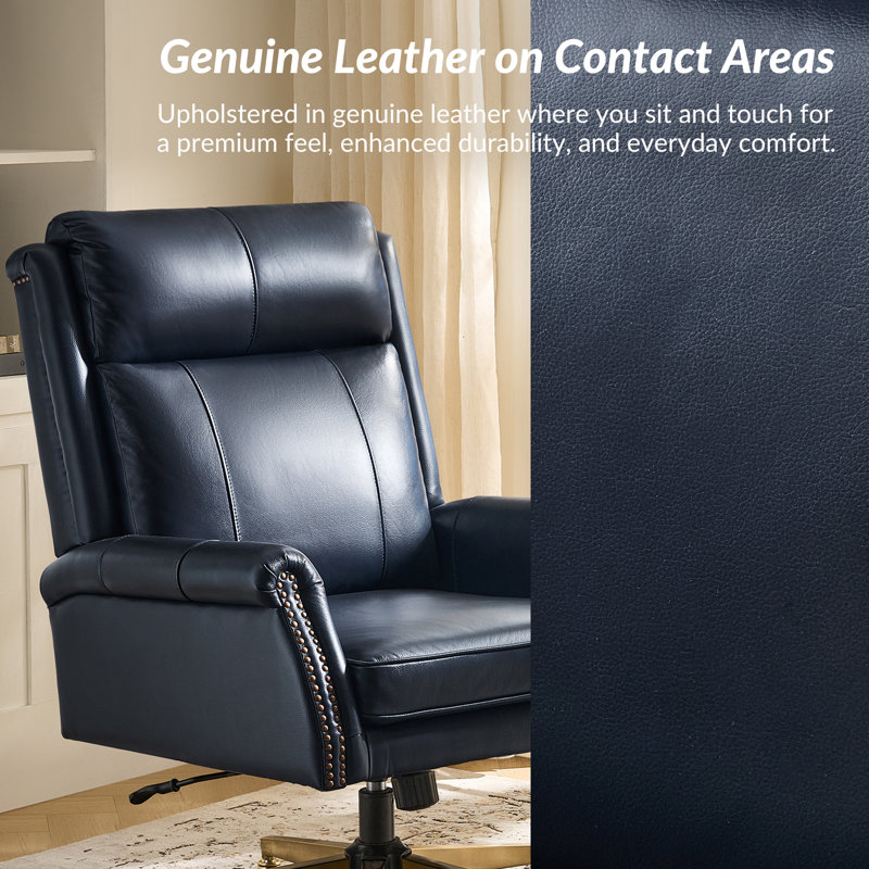 Heeg Transitional High-Back Genuine Leather Executive Office Chair with Nailhead Trim and Tilting Function, Navy